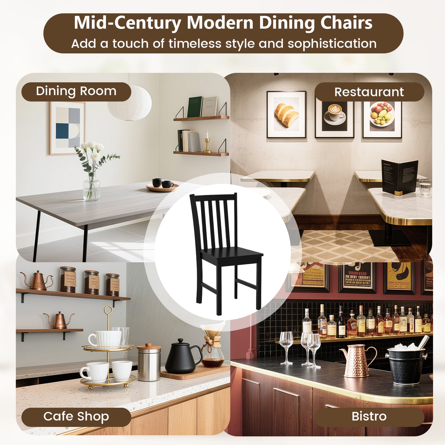 Wooden Dining Chairs Set of 2 with Slat Tilt Backrest