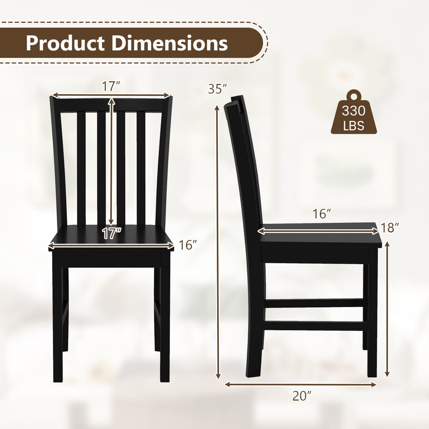Wooden Dining Chairs Set of 2 with Slat Tilt Backrest