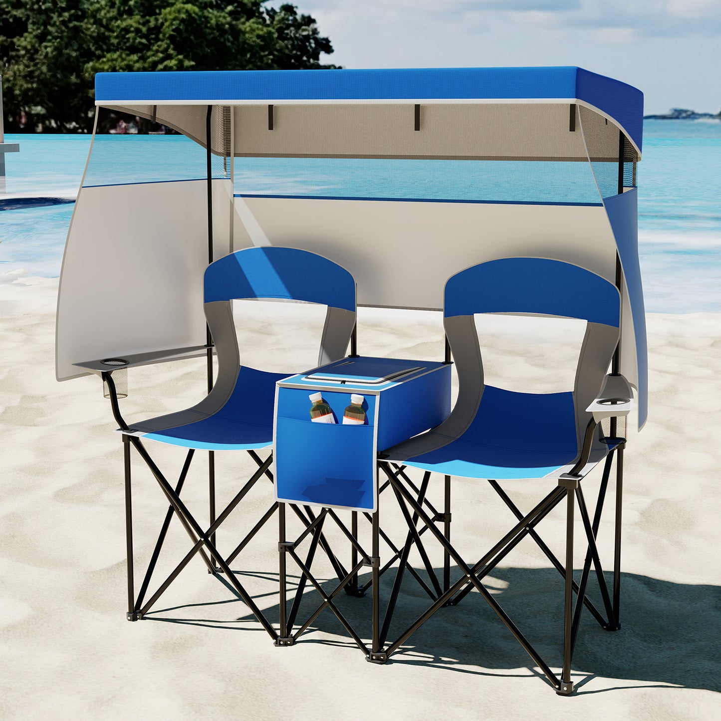 Double Beach Chair with Adjustable Canopy and Side Curtains