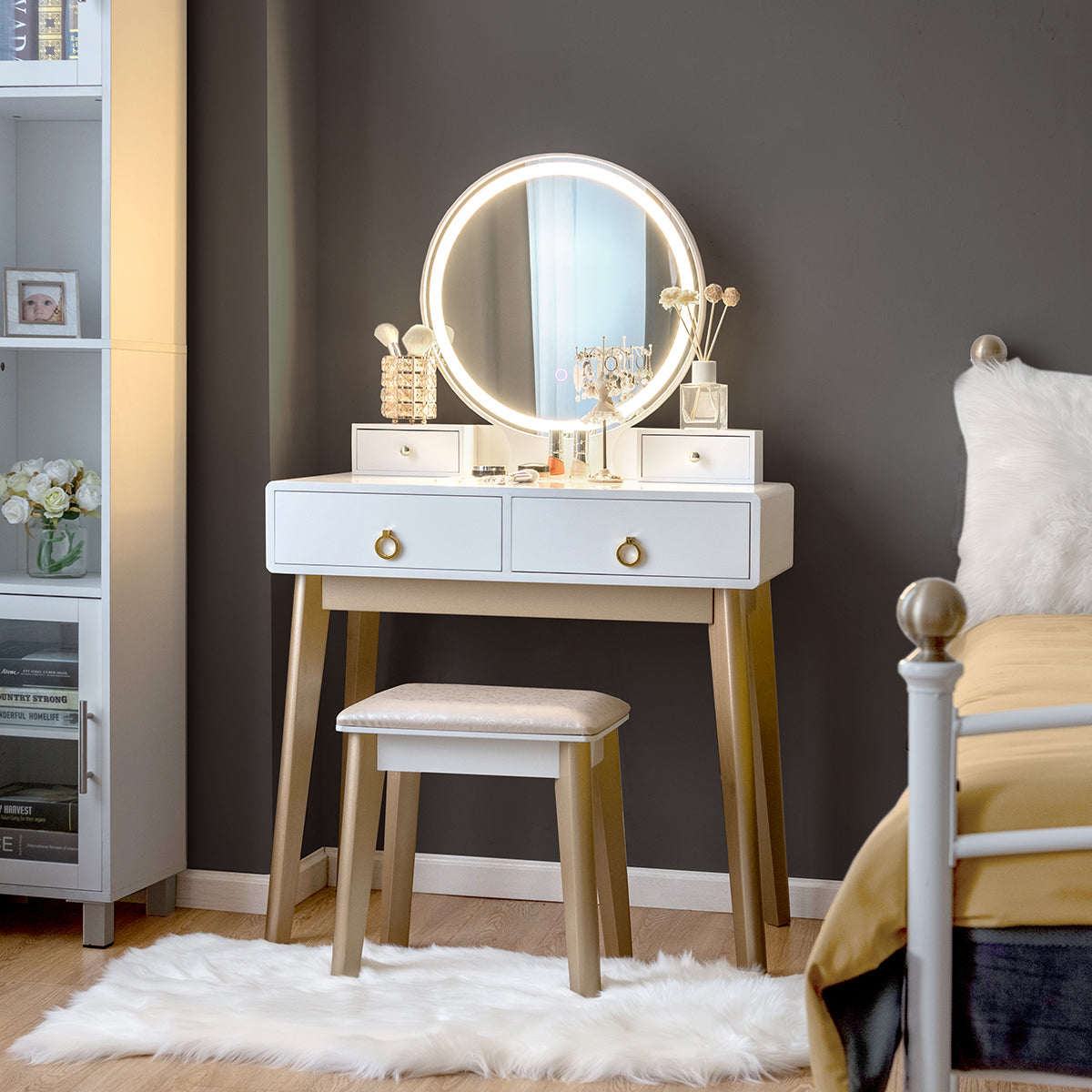 Makeup Vanity Table with LED Lighted Mirror and Stool Set