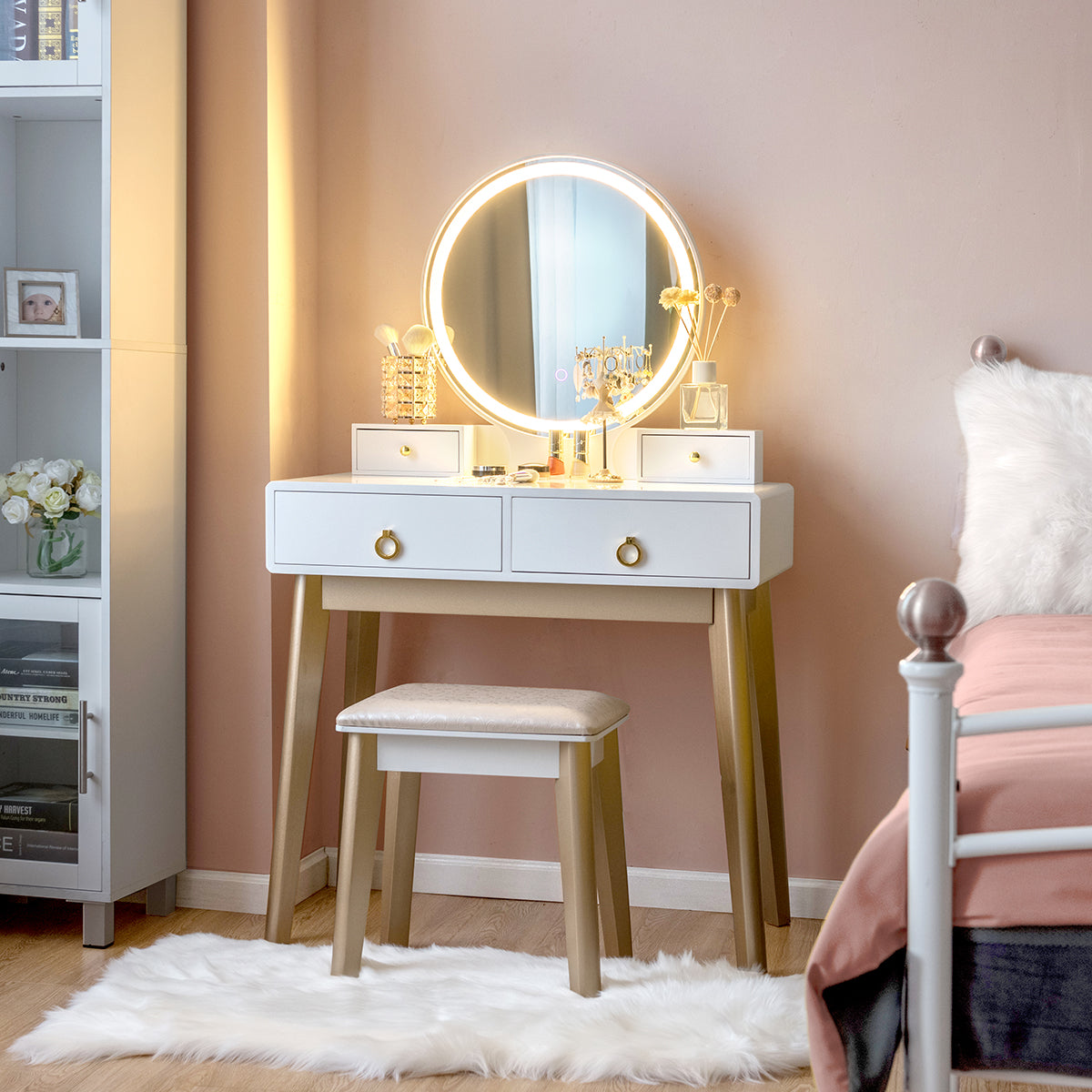 Makeup Vanity Table with LED Lighted Mirror and Stool Set