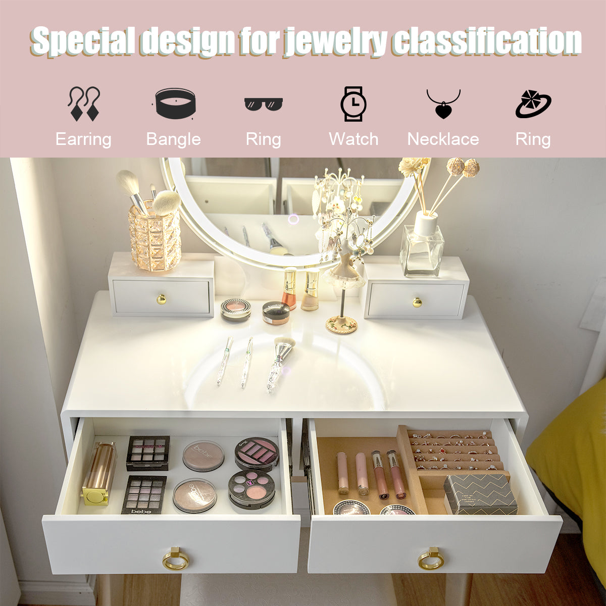 Makeup Vanity Table with LED Lighted Mirror and Stool Set