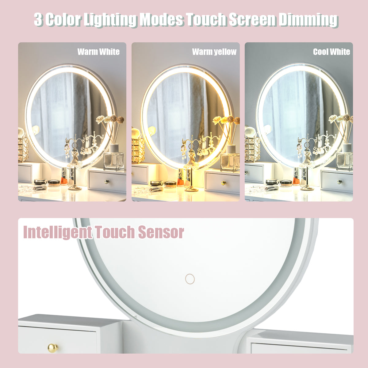 Makeup Vanity Table with LED Lighted Mirror and Stool Set