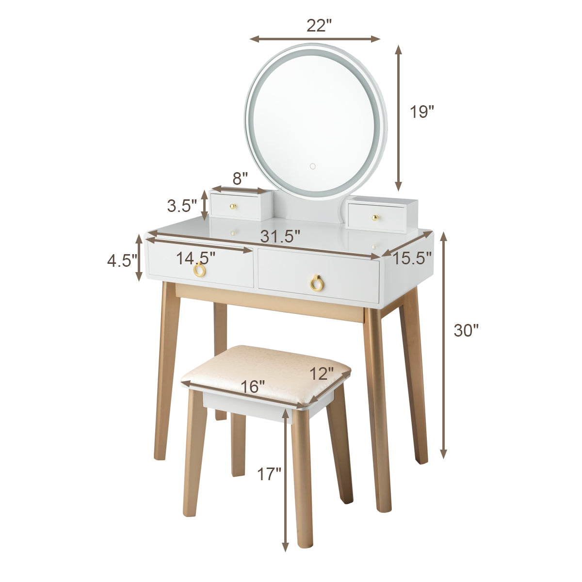 Makeup Vanity Table with LED Lighted Mirror and Stool Set