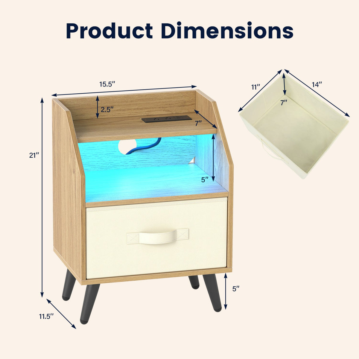 LED Nightstand Set with Charging Station & Drawer (Set of 2)
