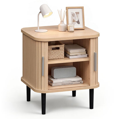 Fluted Nightstand with Sliding Doors and Adjustable Shelf