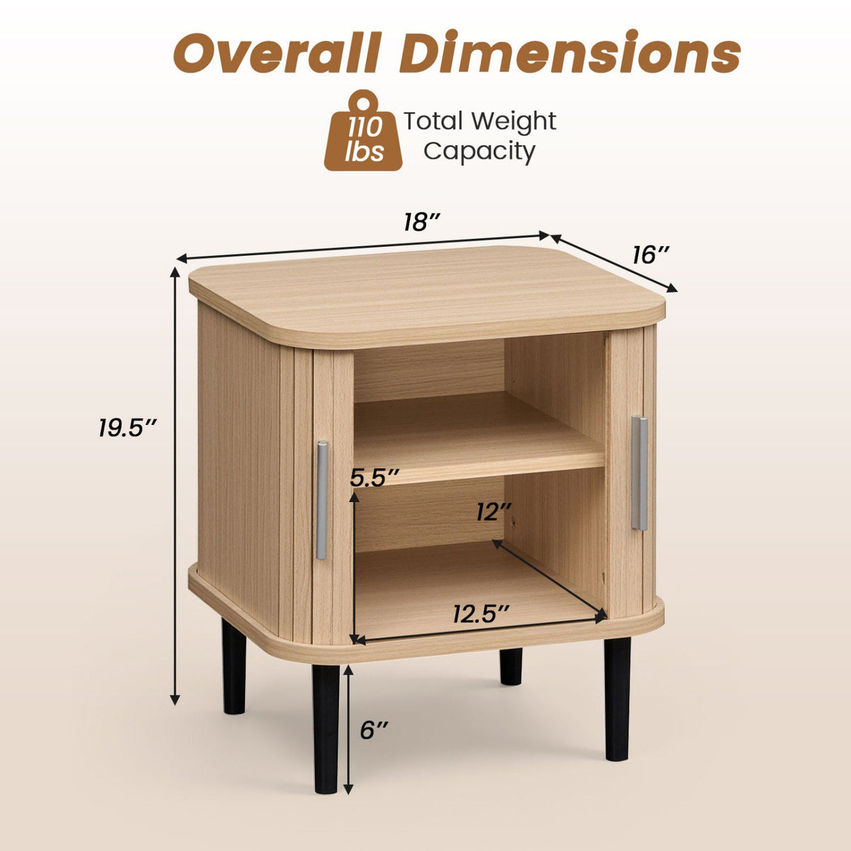 Fluted Nightstand with Sliding Doors and Adjustable Shelf