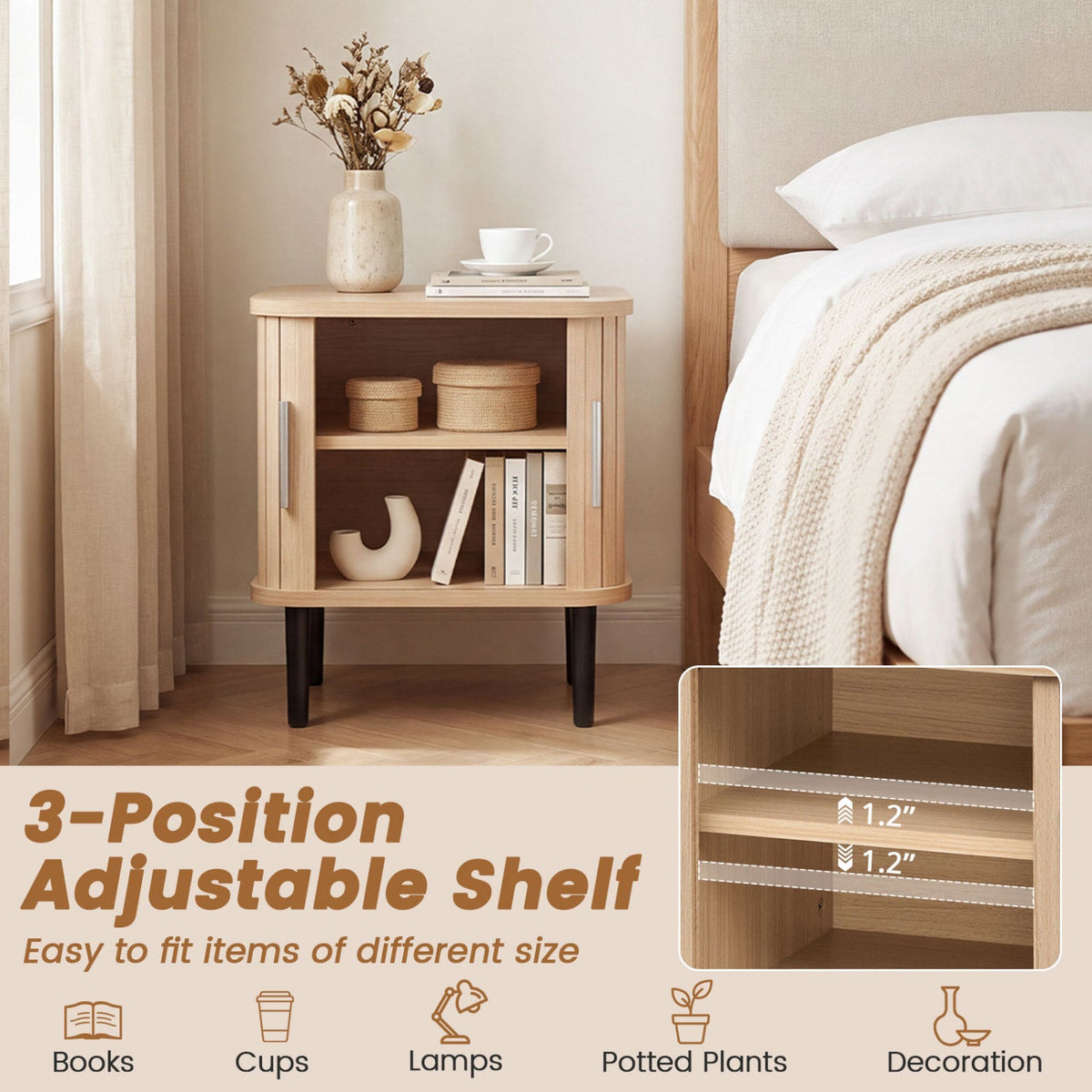 Fluted Nightstand with Sliding Doors and Adjustable Shelf