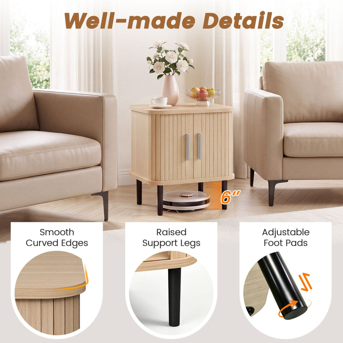Fluted Nightstand with Sliding Doors and Adjustable Shelf