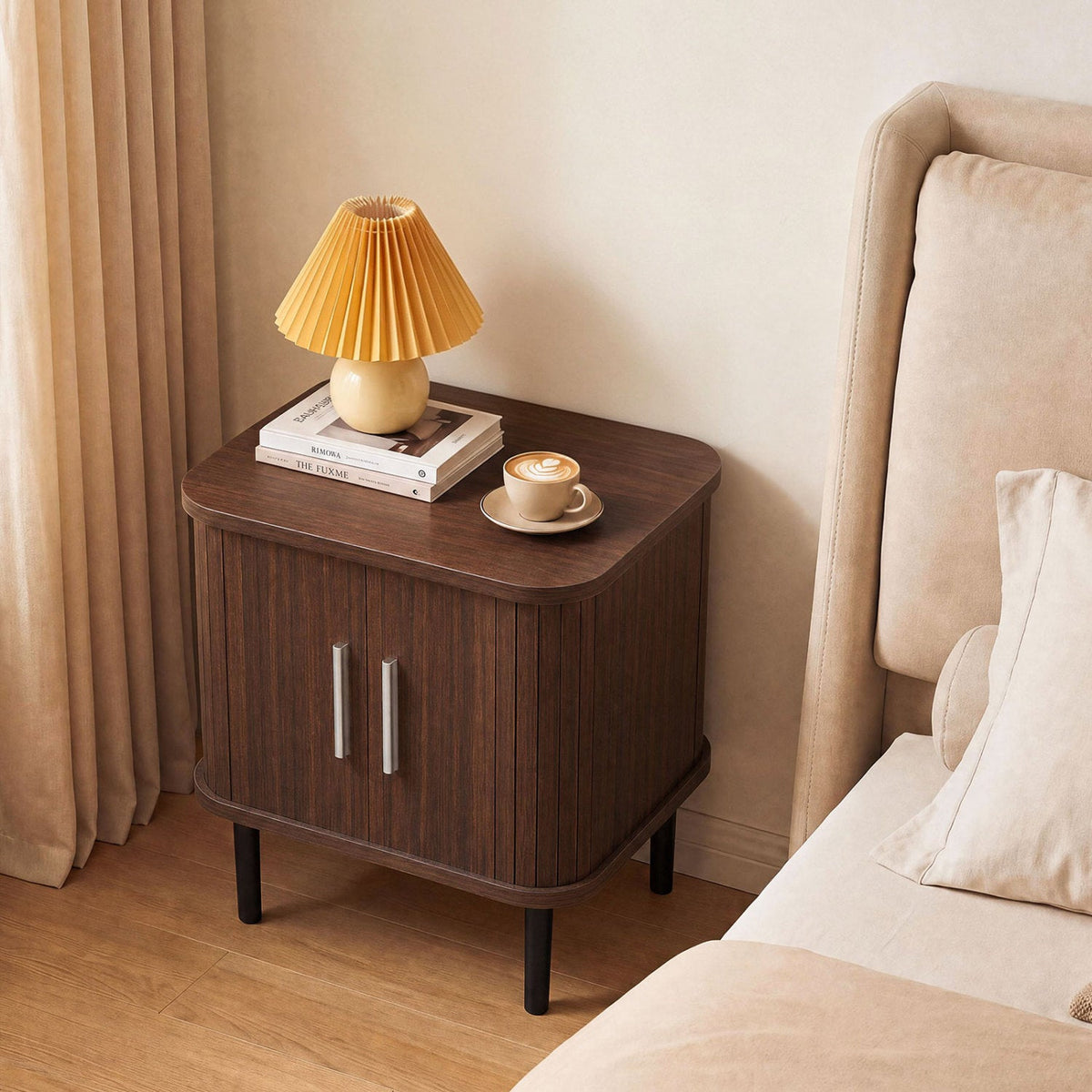 Fluted Nightstand with Sliding Doors and Adjustable Shelf