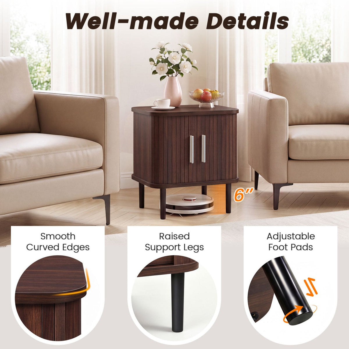 Fluted Nightstand with Sliding Doors and Adjustable Shelf