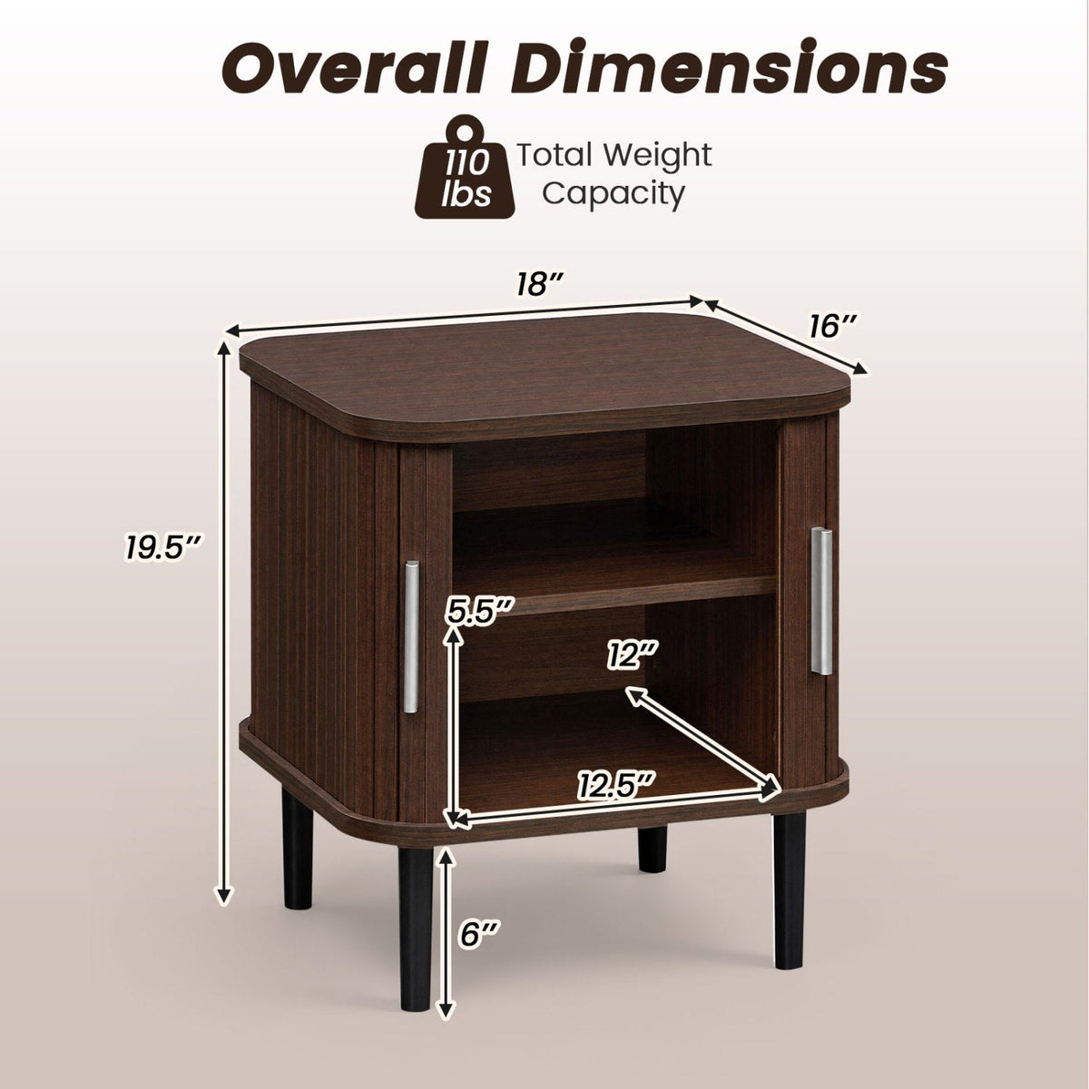 Fluted Nightstand with Sliding Doors and Adjustable Shelf