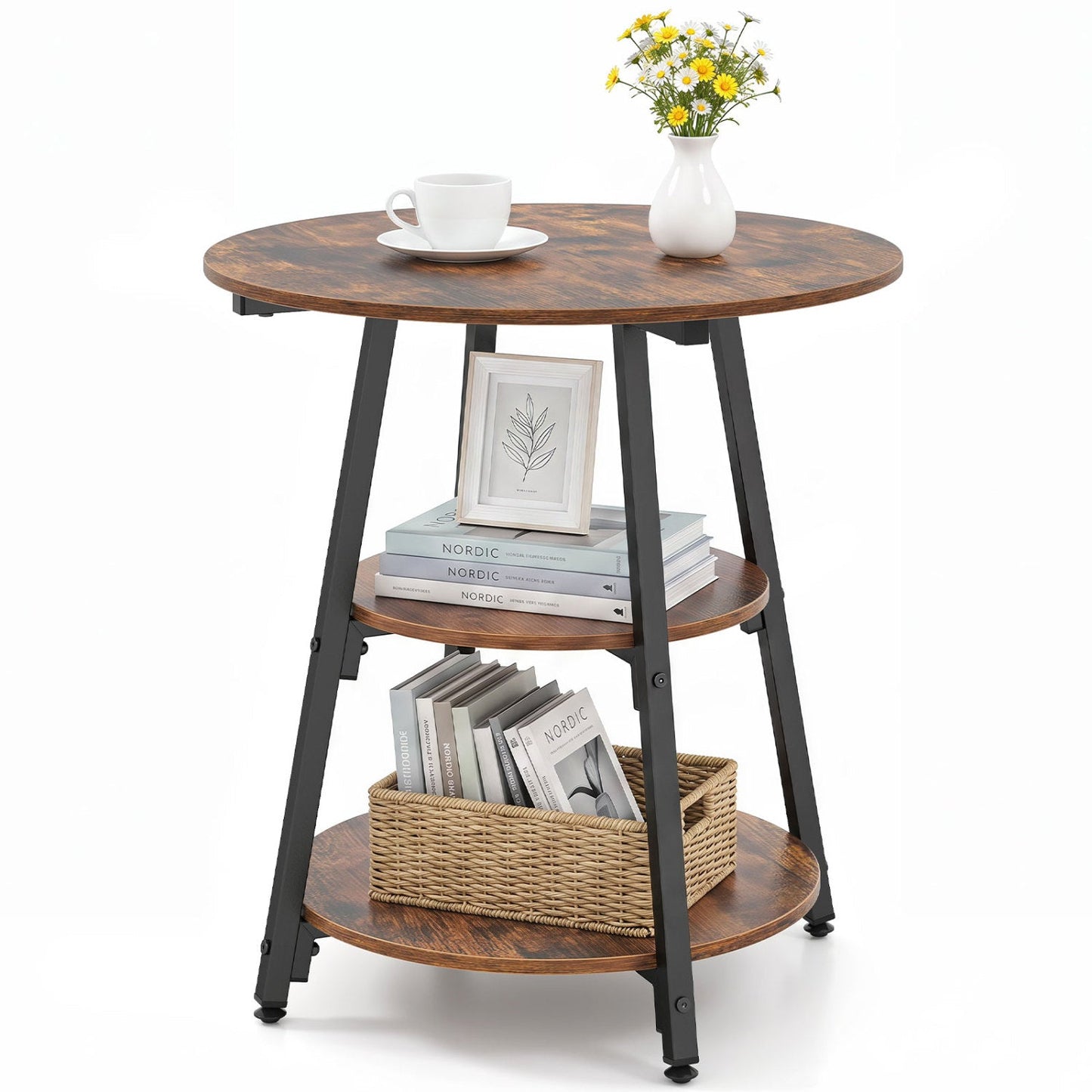 Industrial Side Table with 3-Tier Shelves and Metal Frame