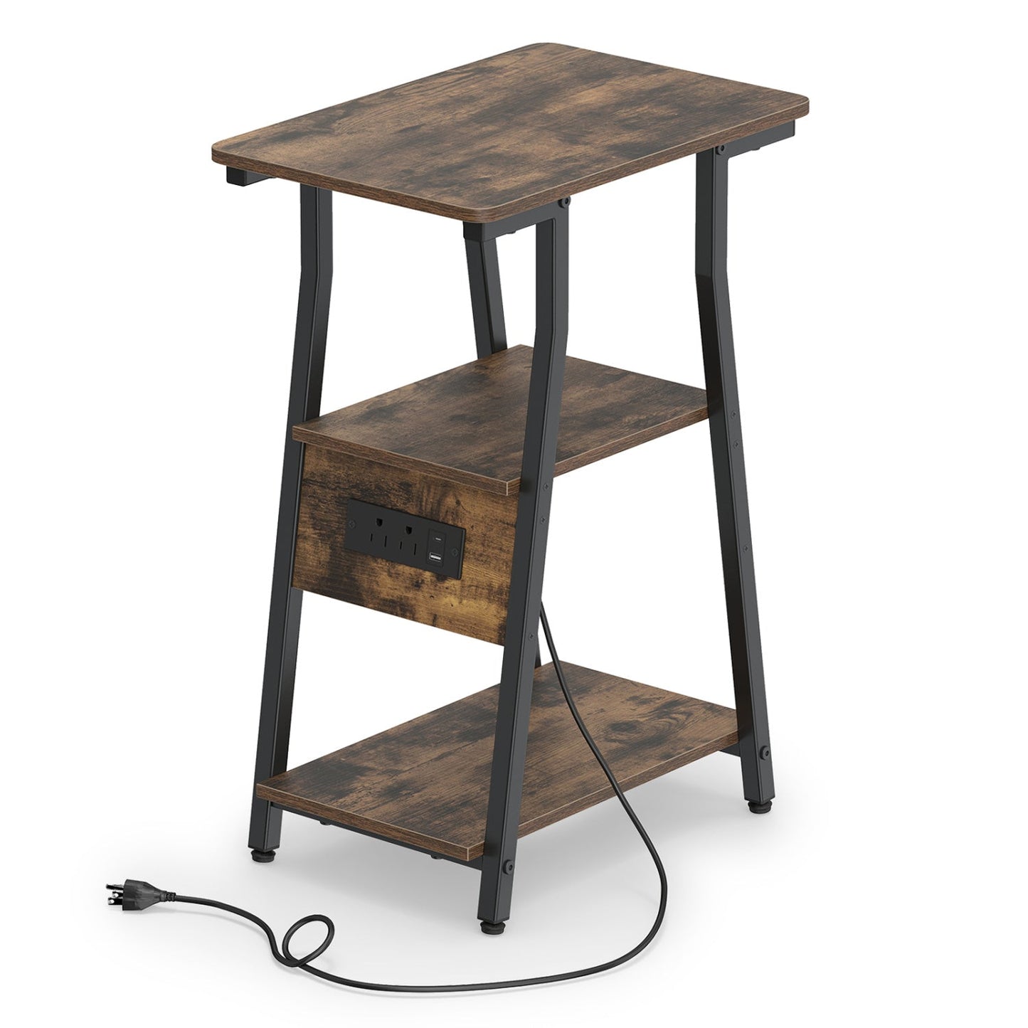 Industrial Side Table with Charging Station & 3-Tier Shelves