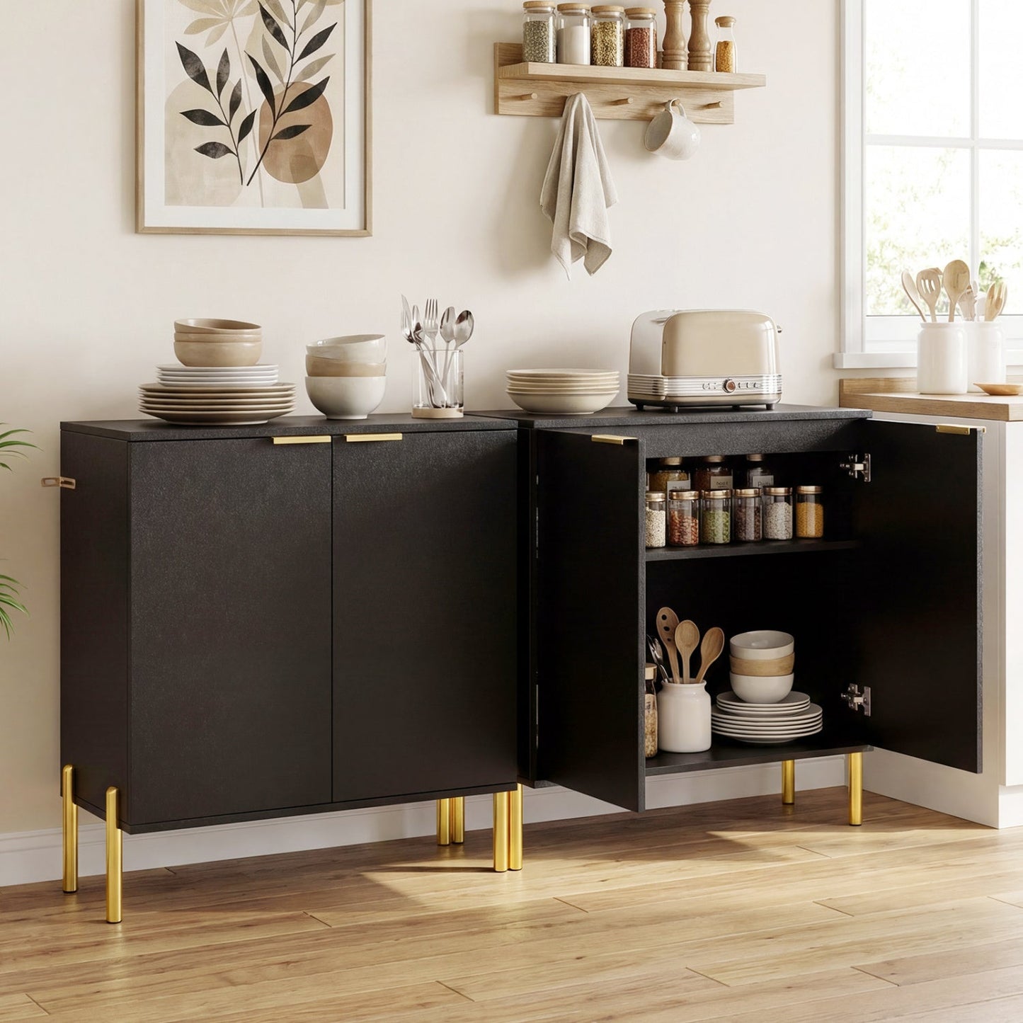 Set of 2 2-Door Buffet Cabinet Sideboard with Metal Legs