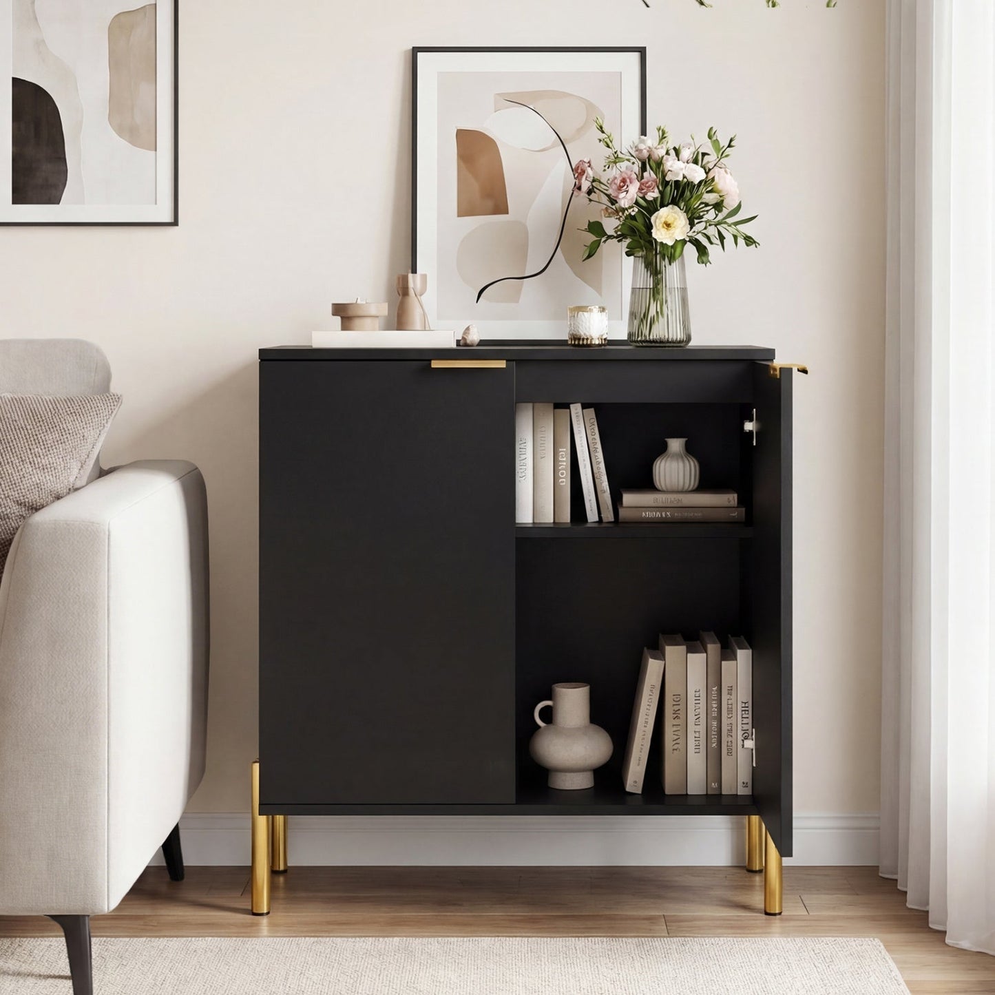 Set of 2 2-Door Buffet Cabinet Sideboard with Metal Legs