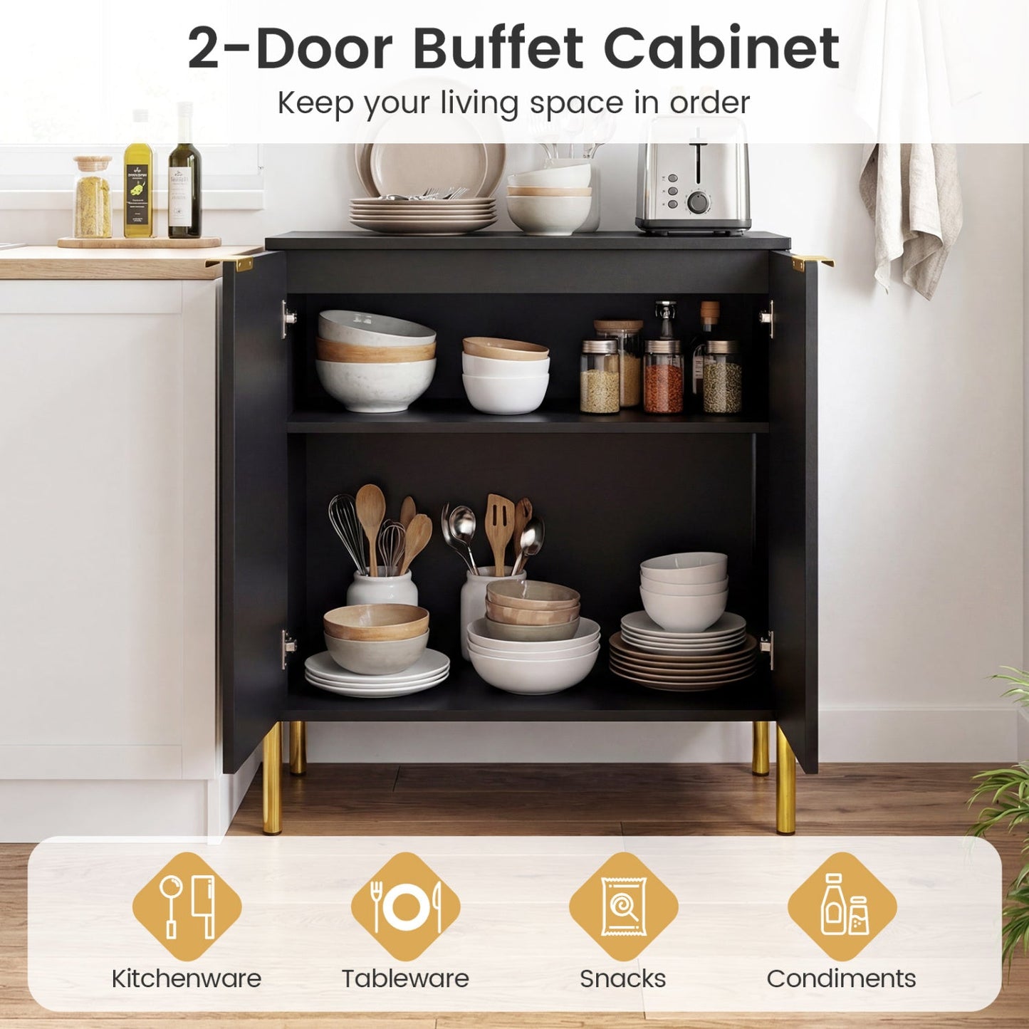 Set of 2 2-Door Buffet Cabinet Sideboard with Metal Legs