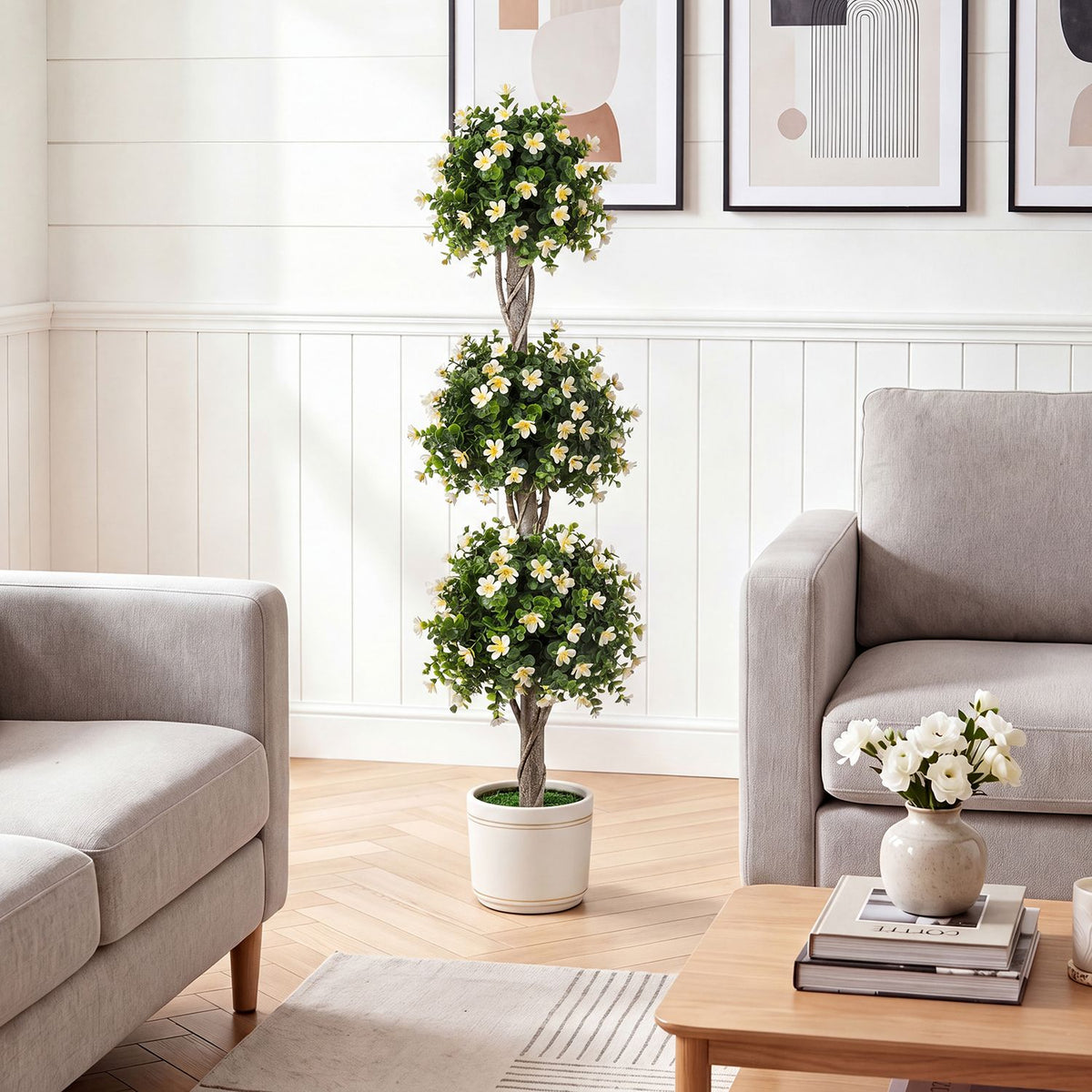 Set of 2 51" Artificial Topiary Tree with 3 Topiary Balls Sun-Resistant Fake Bushes