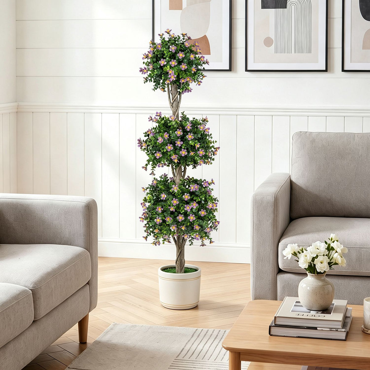 Set of 2 51" Artificial Topiary Tree with 3 Topiary Balls Sun-Resistant Fake Bushes