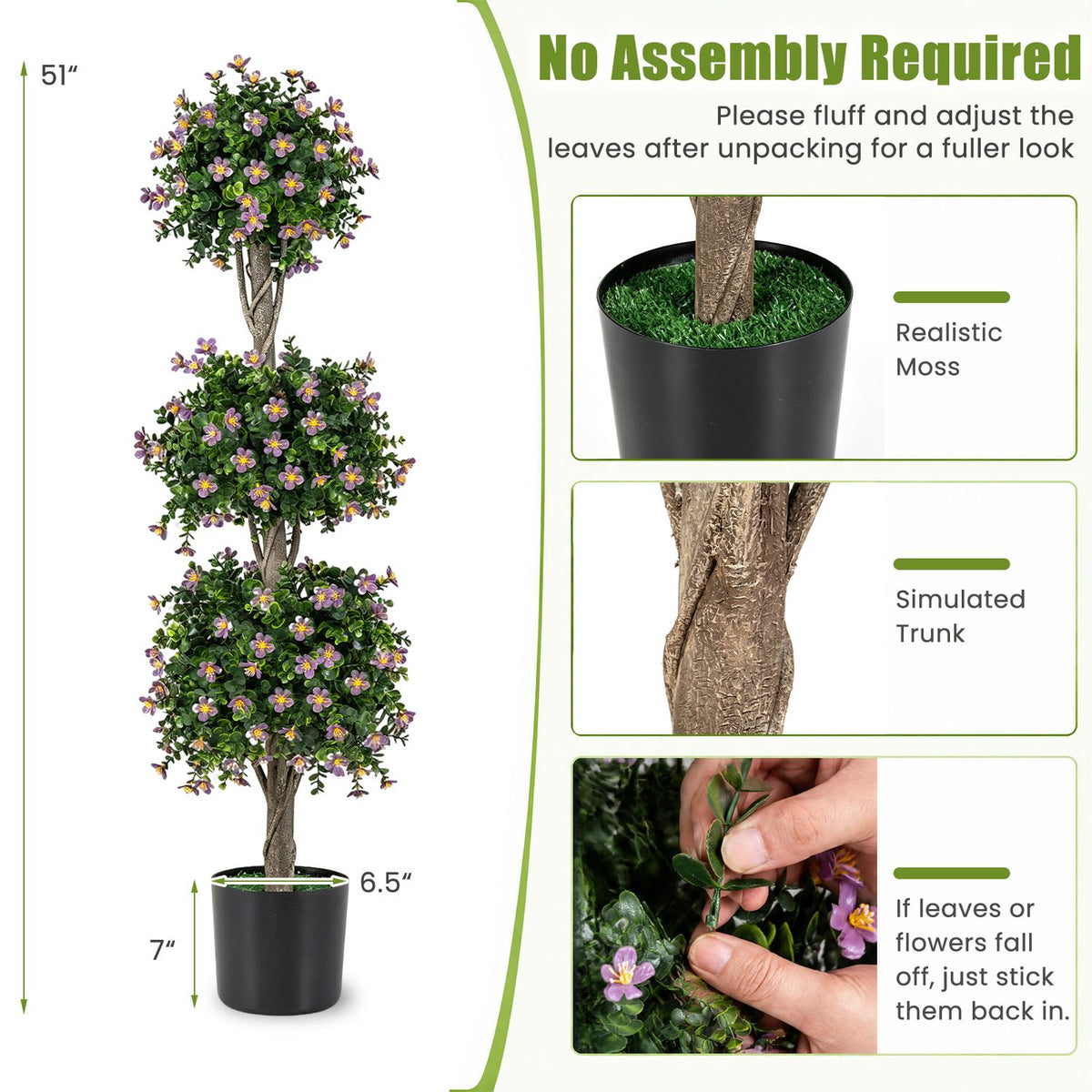 Set of 2 51" Artificial Topiary Tree with 3 Topiary Balls Sun-Resistant Fake Bushes