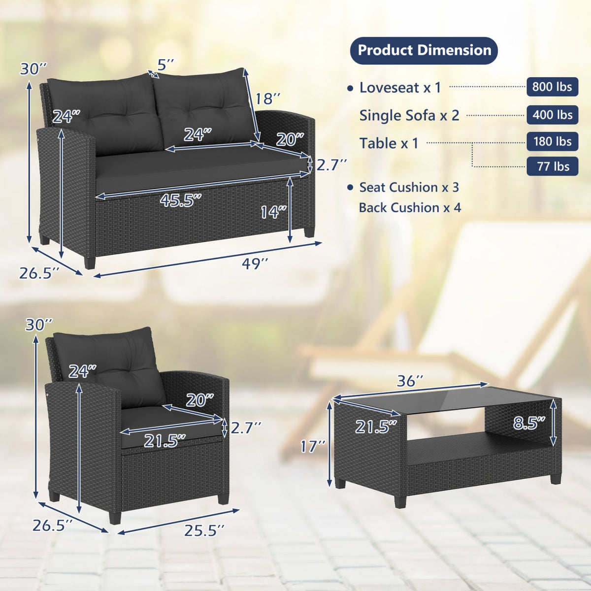 8-Piece Patio Conversation Set with Glass Coffee Table
