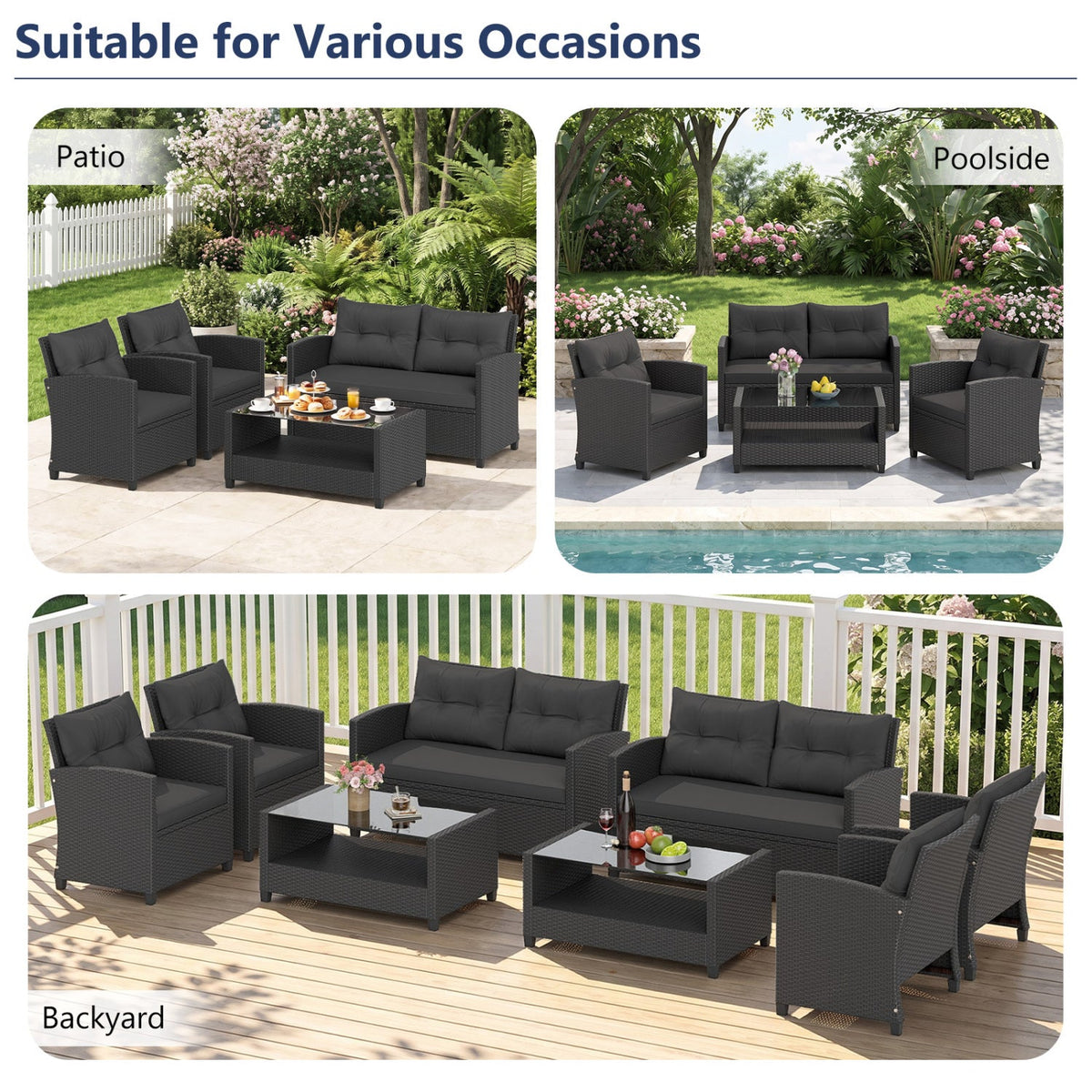 8-Piece Patio Conversation Set with Glass Coffee Table