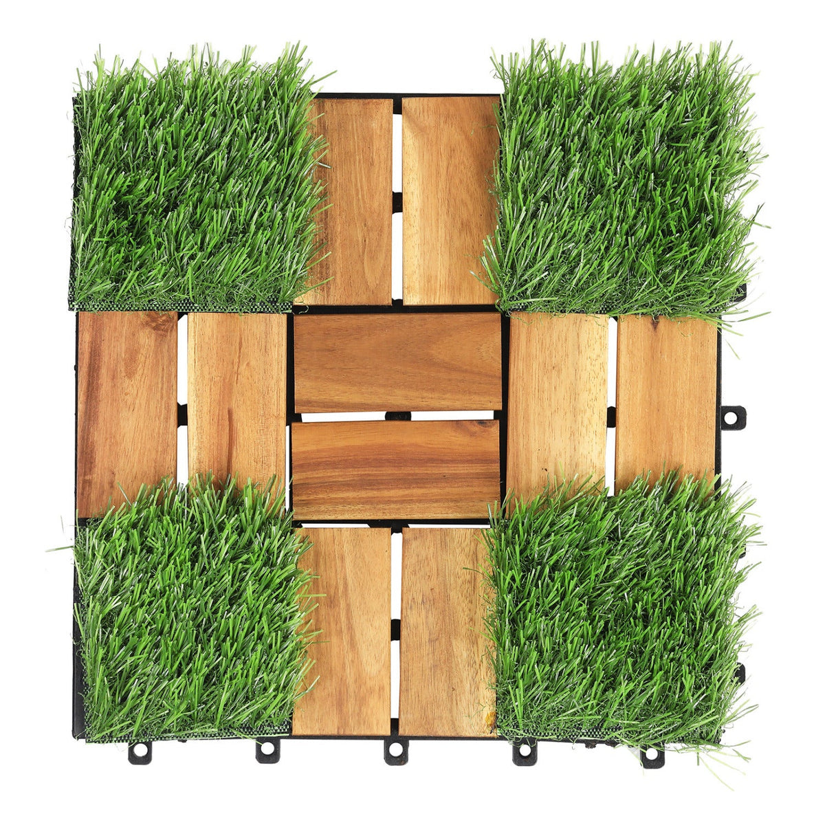 Acacia Wood Interlocking Deck Tiles with Artificial Grass