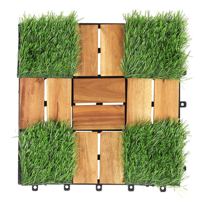 Acacia Wood Interlocking Deck Tiles with Artificial Grass