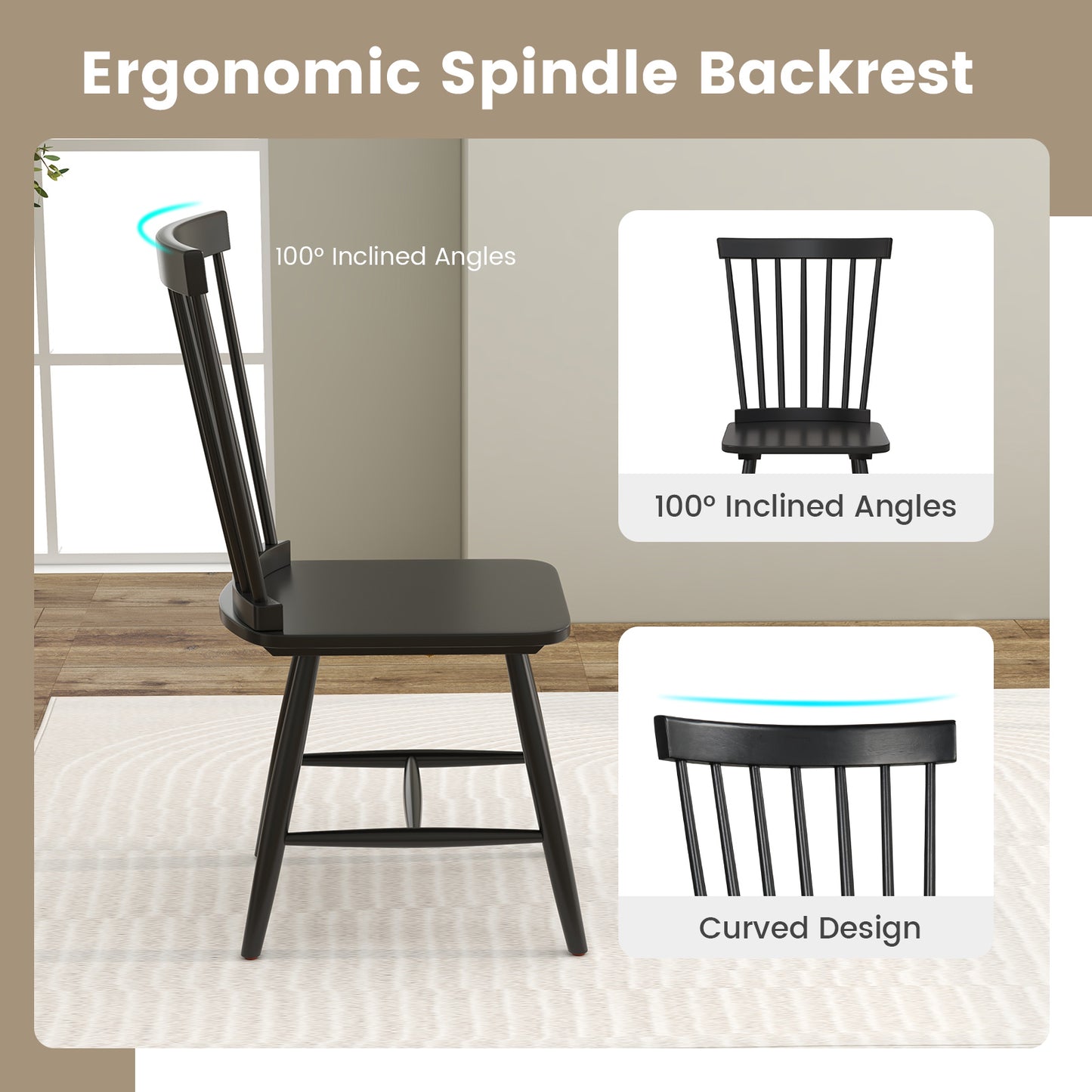 Windsor Dining Chairs Set of 2 with High Spindle Back