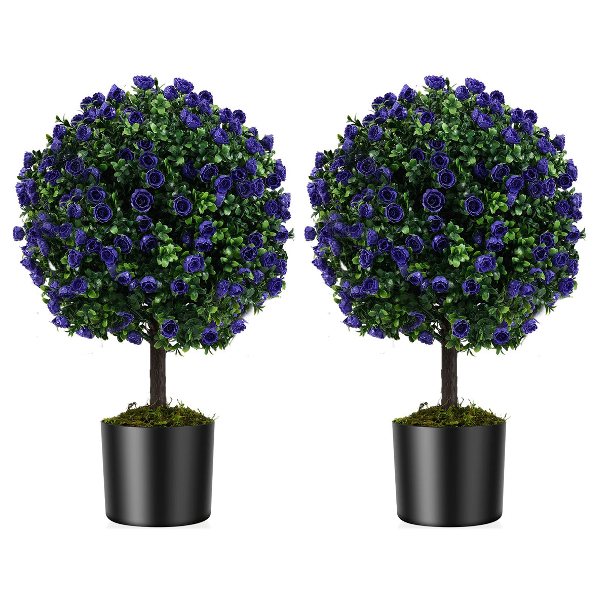 22 Inch Set of 2 Artificial Purple Rose Topiary Ball Trees with Cement-Filled Pot-Purple