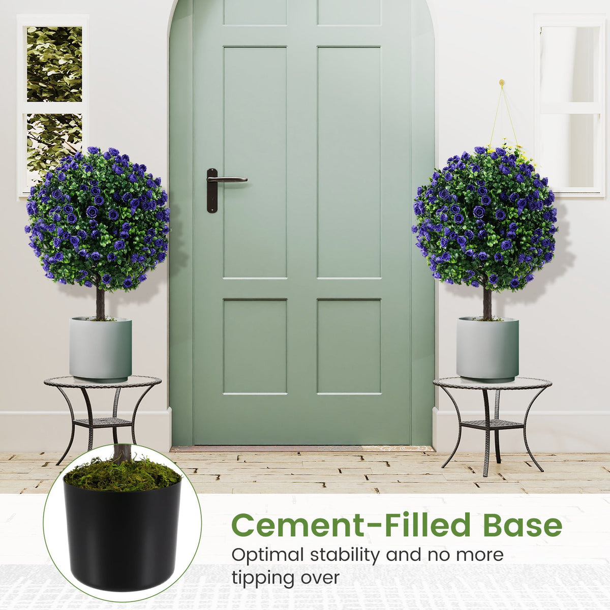 22 Inch Set of 2 Artificial Purple Rose Topiary Ball Trees with Cement-Filled Pot-Purple