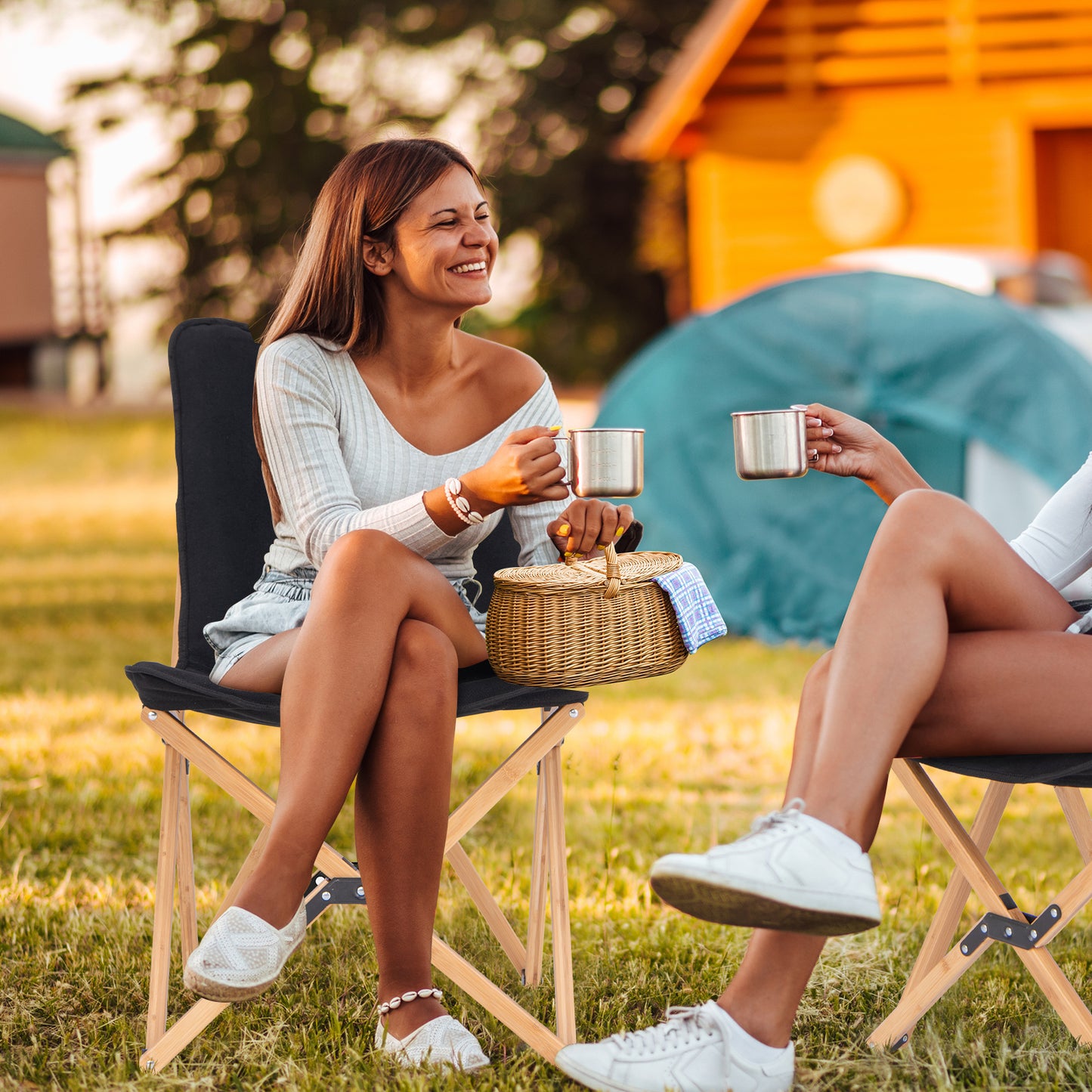 Bamboo Folding Chair Set of 2 with Storage Pocket