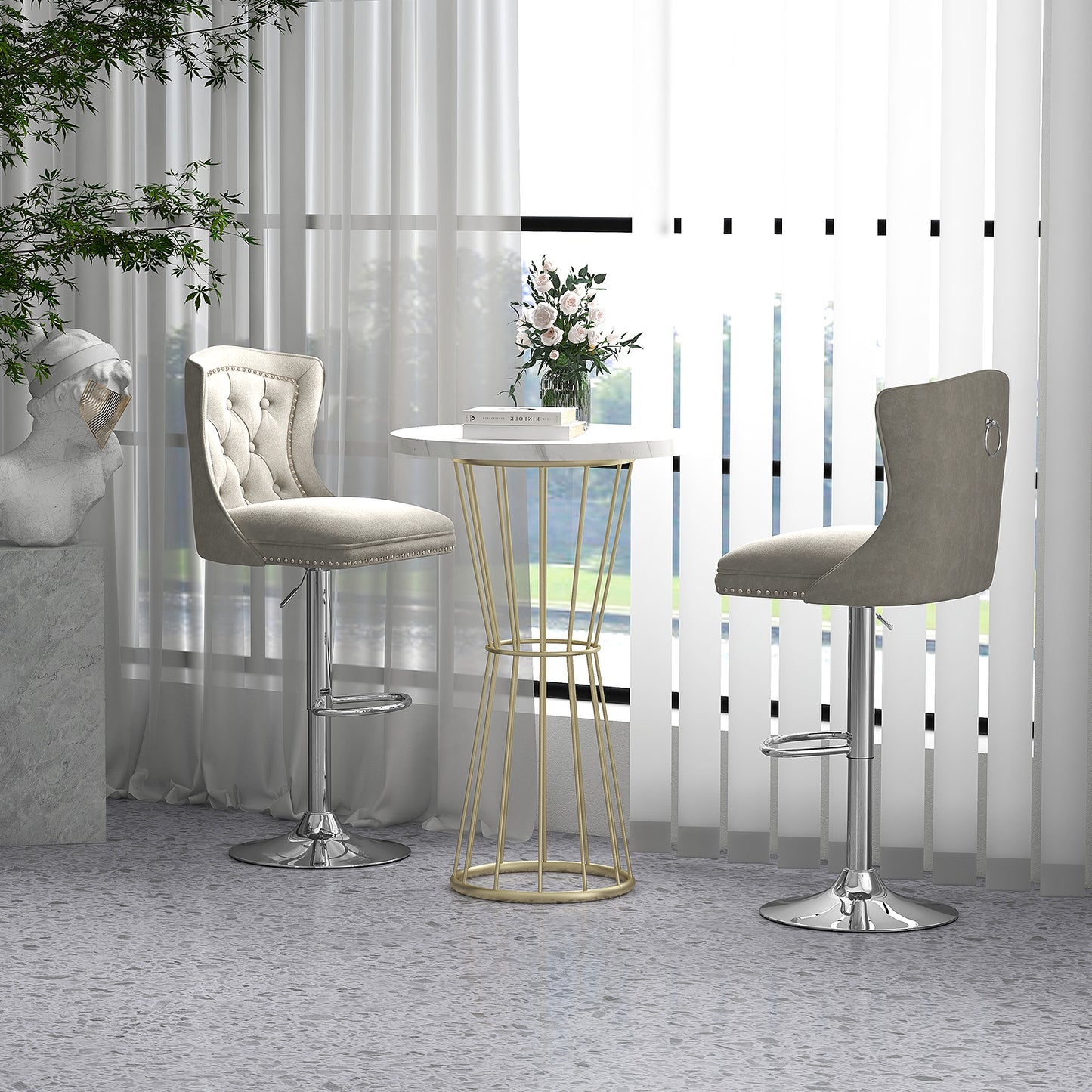 Adjustable Velvet Bar Stools Set of 2 with Footrest