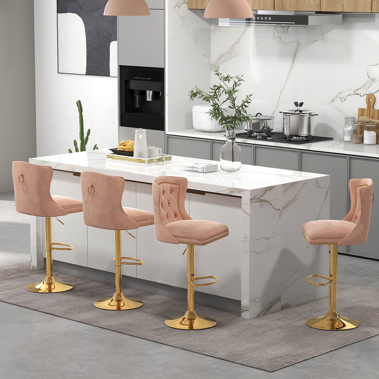Adjustable Velvet Bar Stools Set of 2 with Footrest