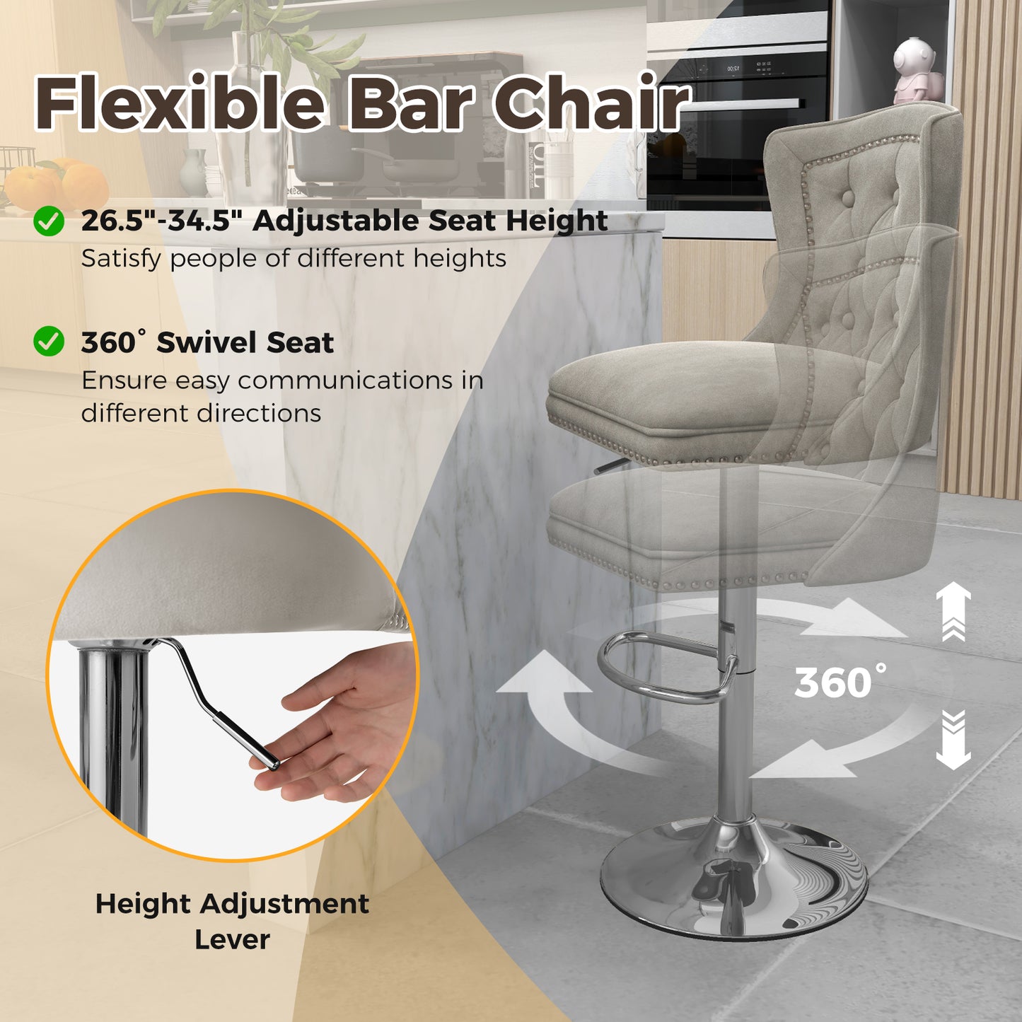 Adjustable Velvet Bar Stools Set of 2 with Footrest