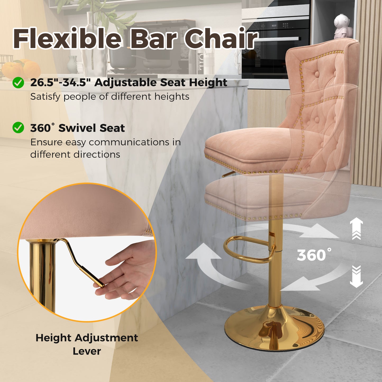 Adjustable Velvet Bar Stools Set of 2 with Footrest
