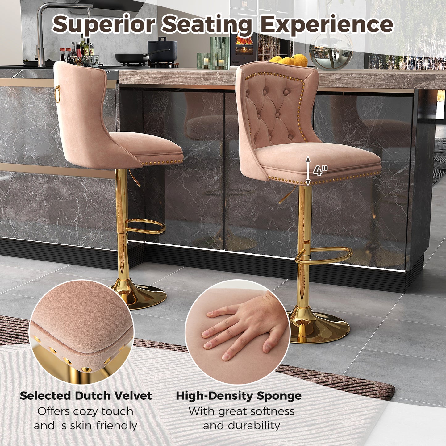 Adjustable Velvet Bar Stools Set of 2 with Footrest