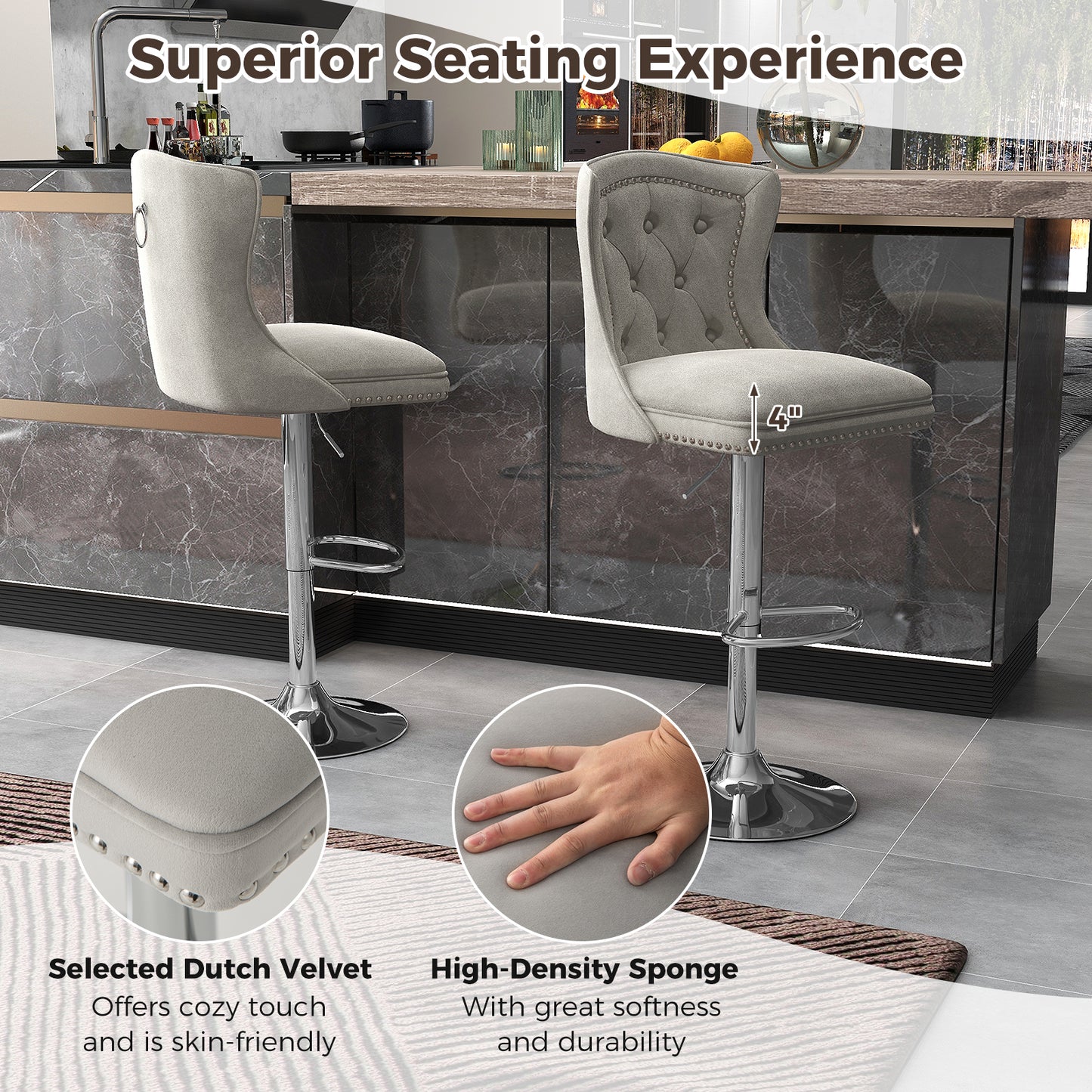 Adjustable Velvet Bar Stools Set of 2 with Footrest