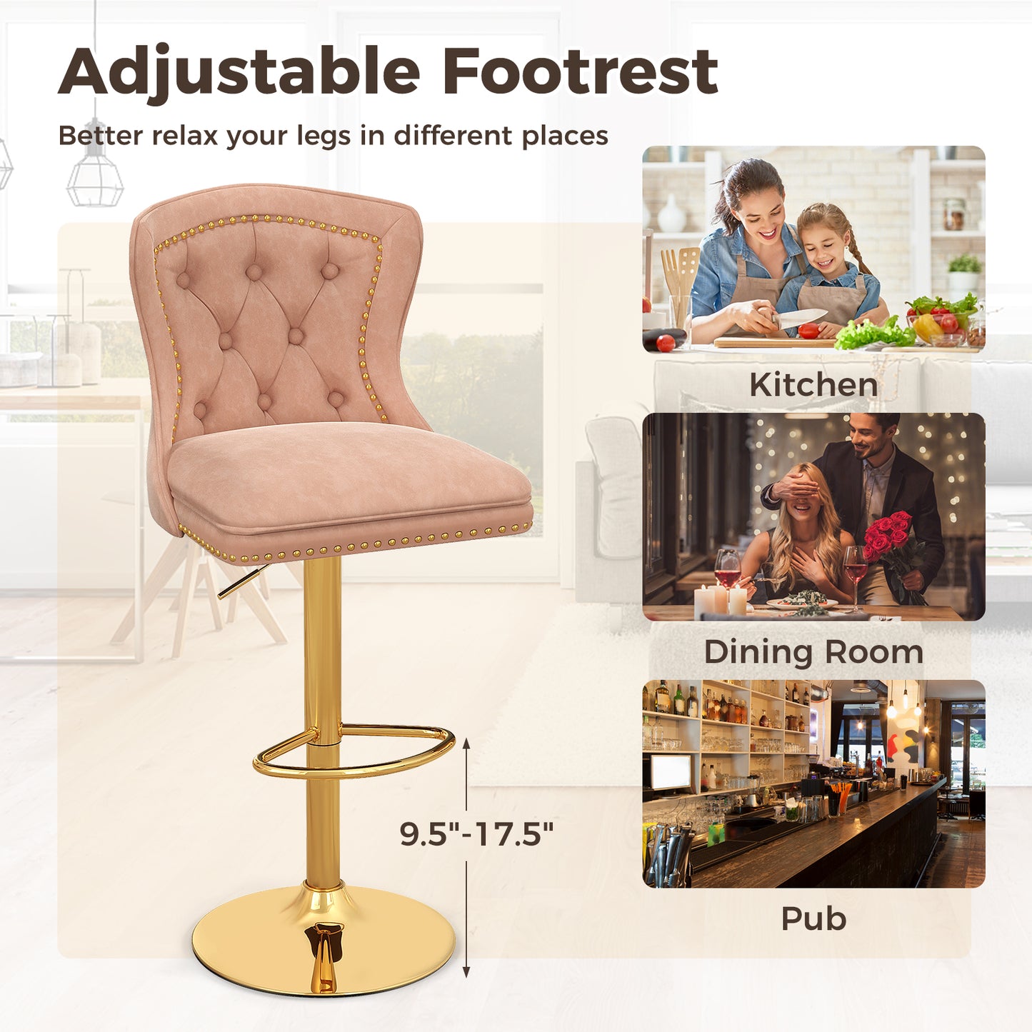 Adjustable Velvet Bar Stools Set of 2 with Footrest