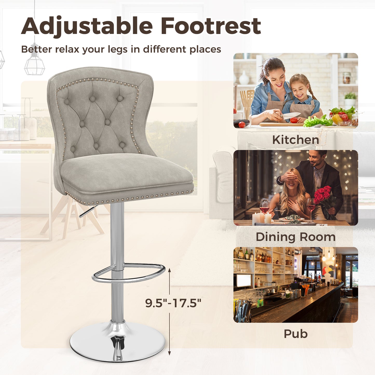 Adjustable Velvet Bar Stools Set of 2 with Footrest