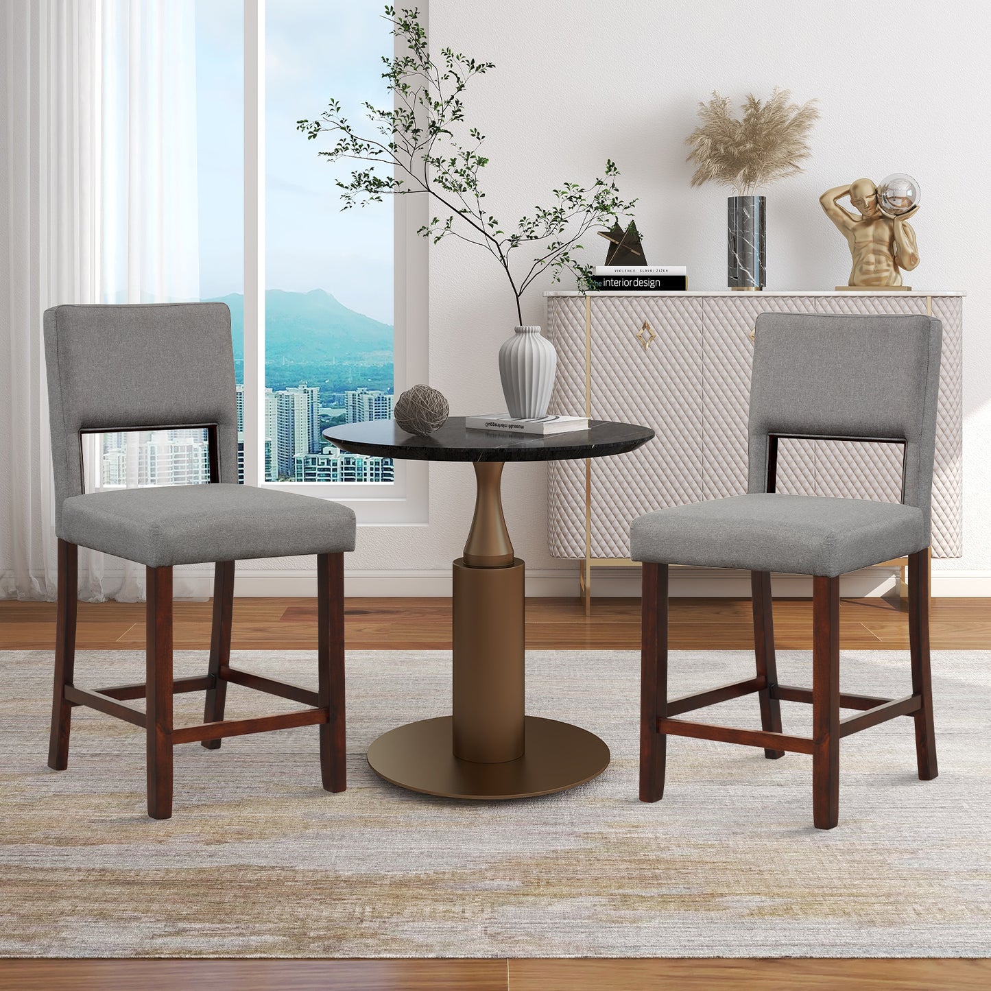 Bar Stools Set of 2 with Hollowed Back and Rubber Wood Legs