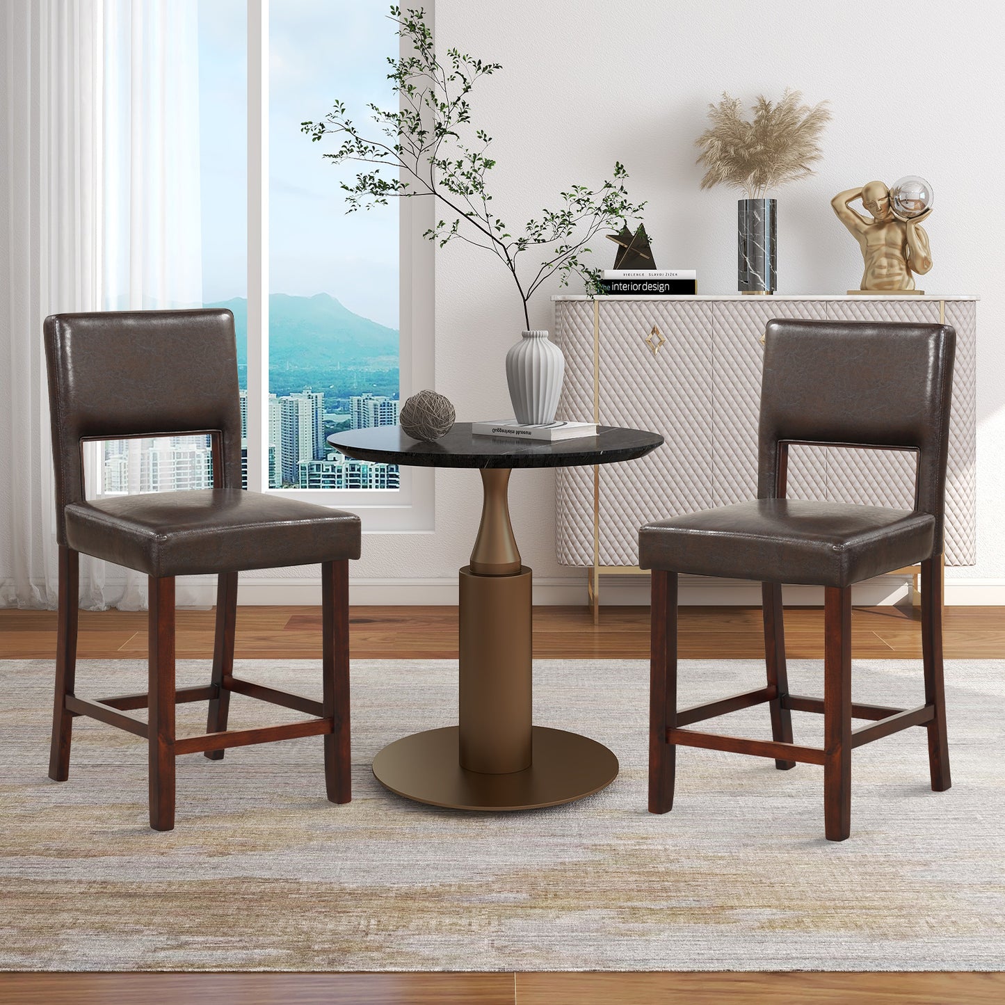 Bar Stools Set of 2 with Hollowed Back and Rubber Wood Legs