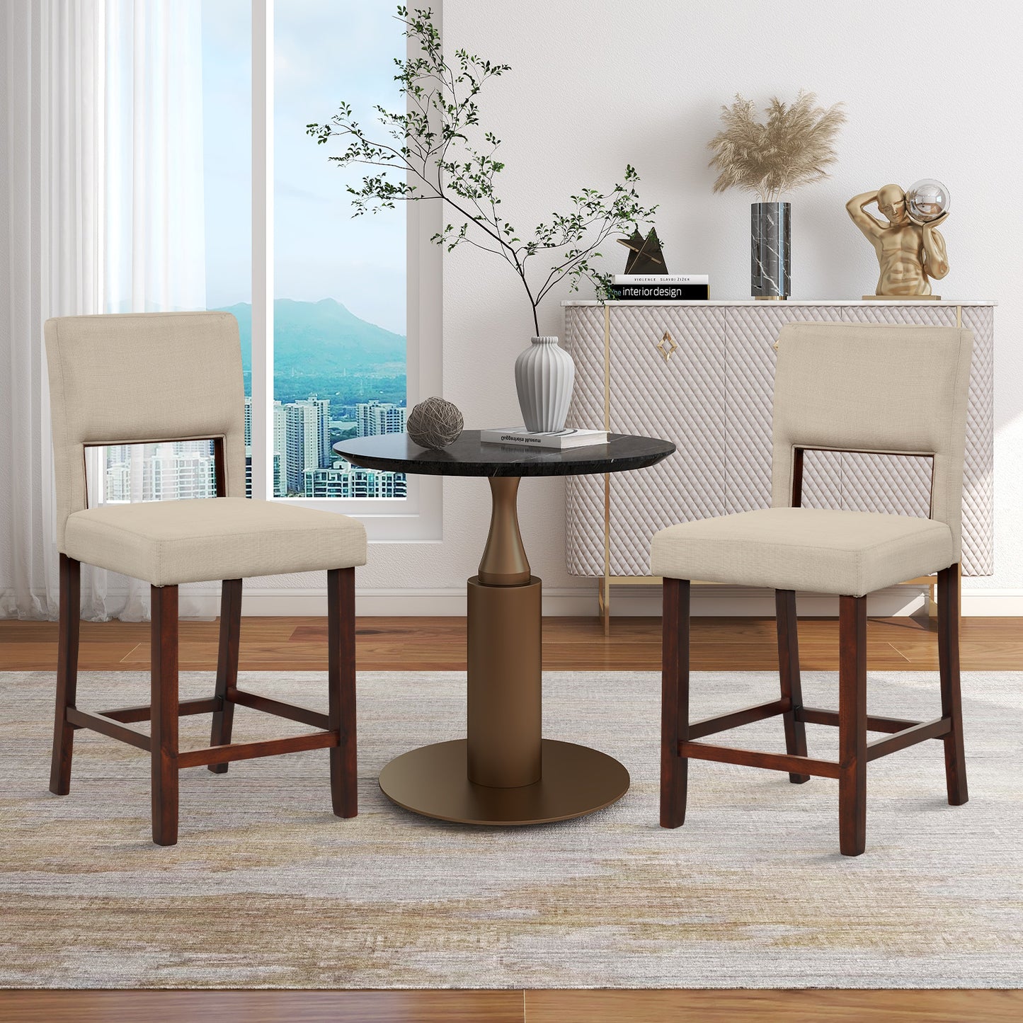 Bar Stools Set of 2 with Hollowed Back and Rubber Wood Legs