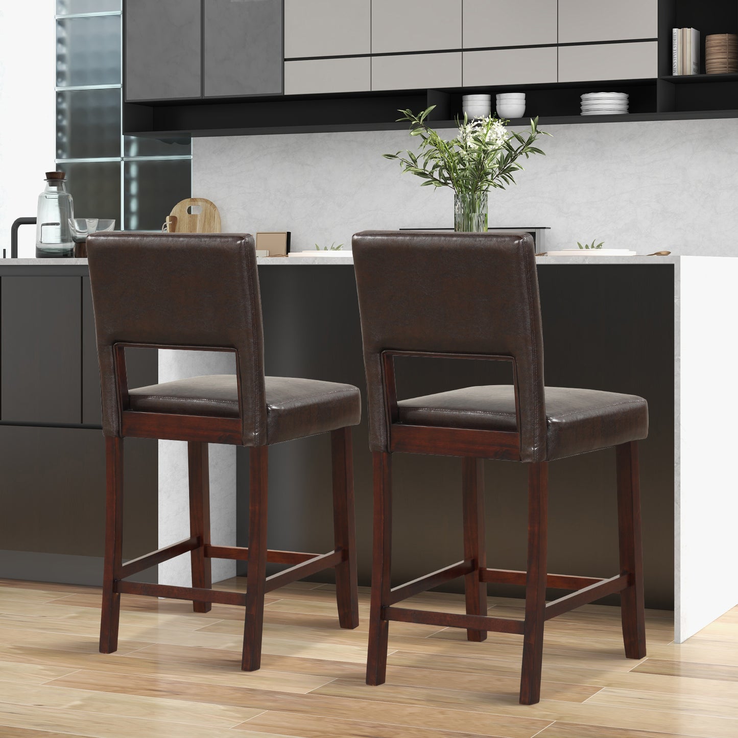 Bar Stools Set of 2 with Hollowed Back and Rubber Wood Legs