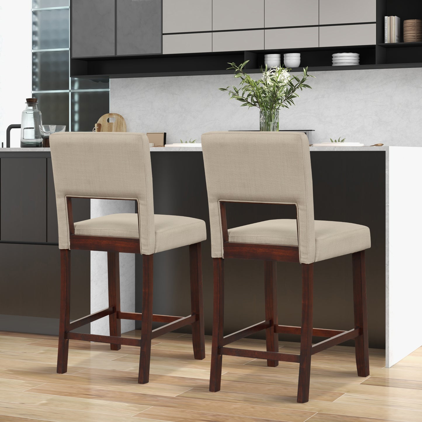 Bar Stools Set of 2 with Hollowed Back and Rubber Wood Legs