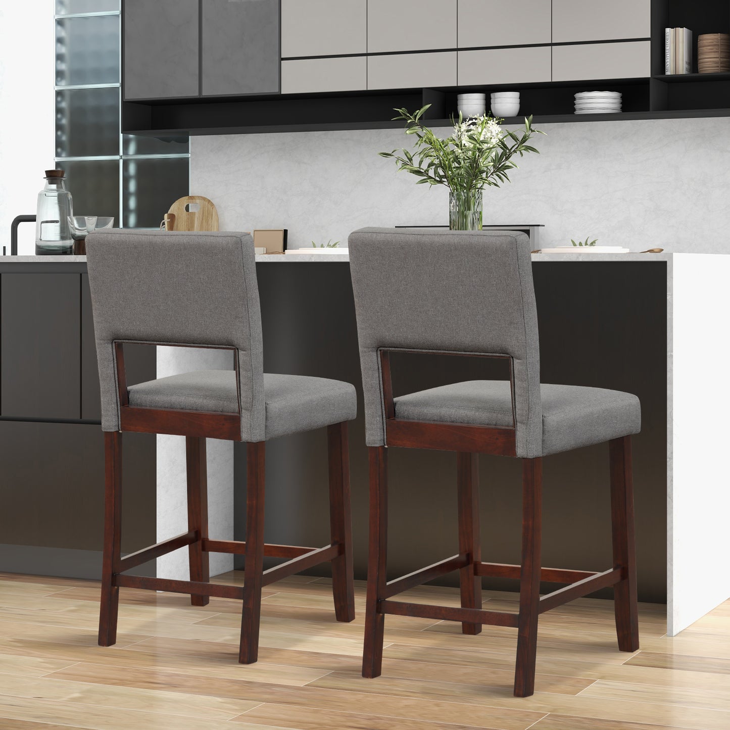 Bar Stools Set of 2 with Hollowed Back and Rubber Wood Legs