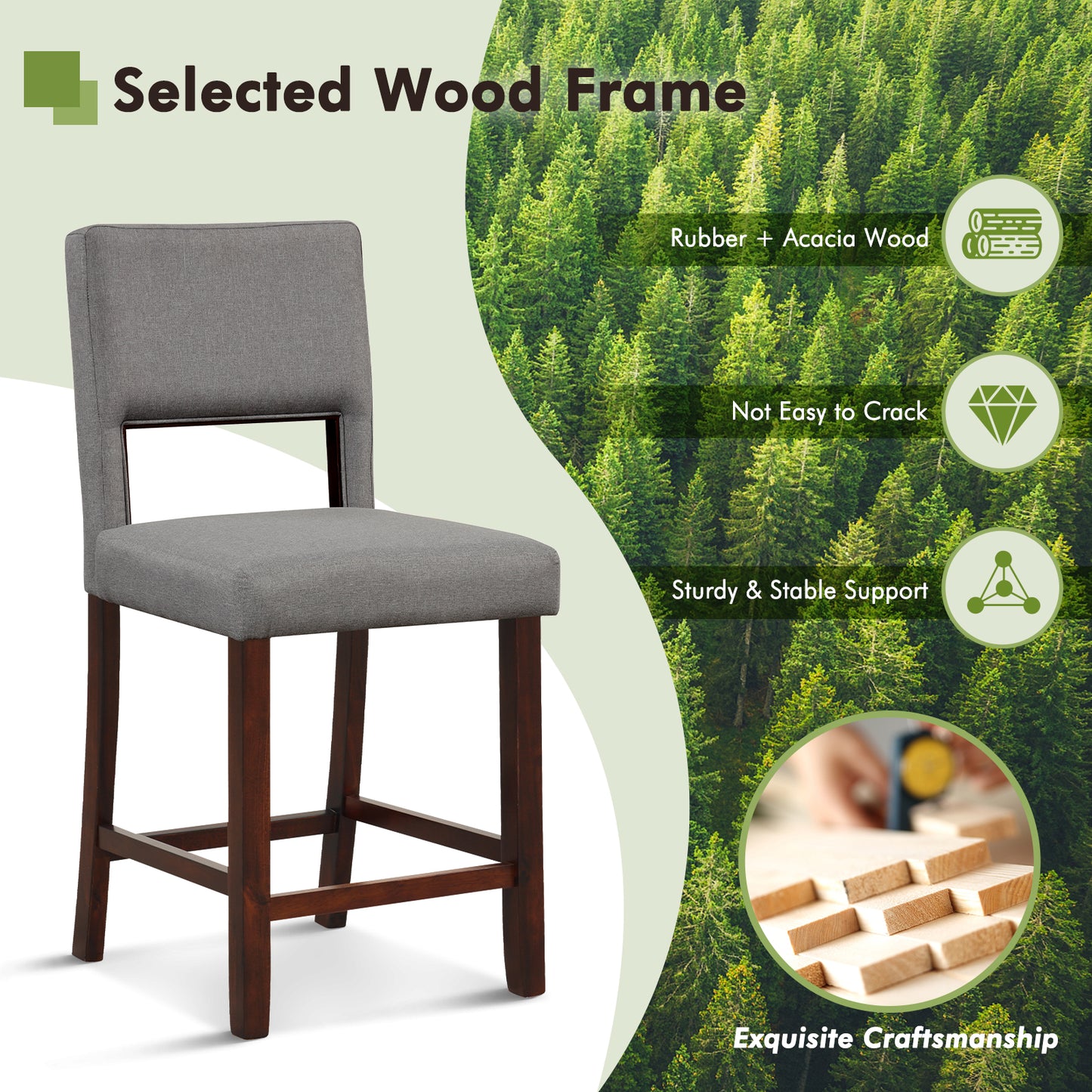 Bar Stools Set of 2 with Hollowed Back and Rubber Wood Legs