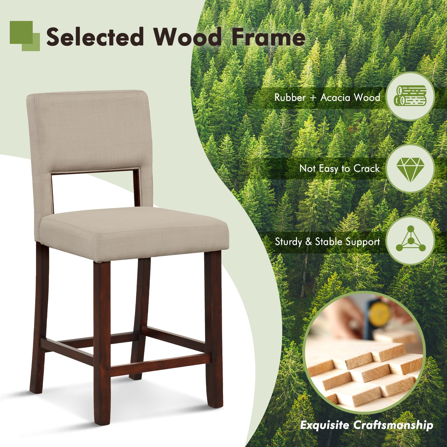 Bar Stools Set of 2 with Hollowed Back and Rubber Wood Legs