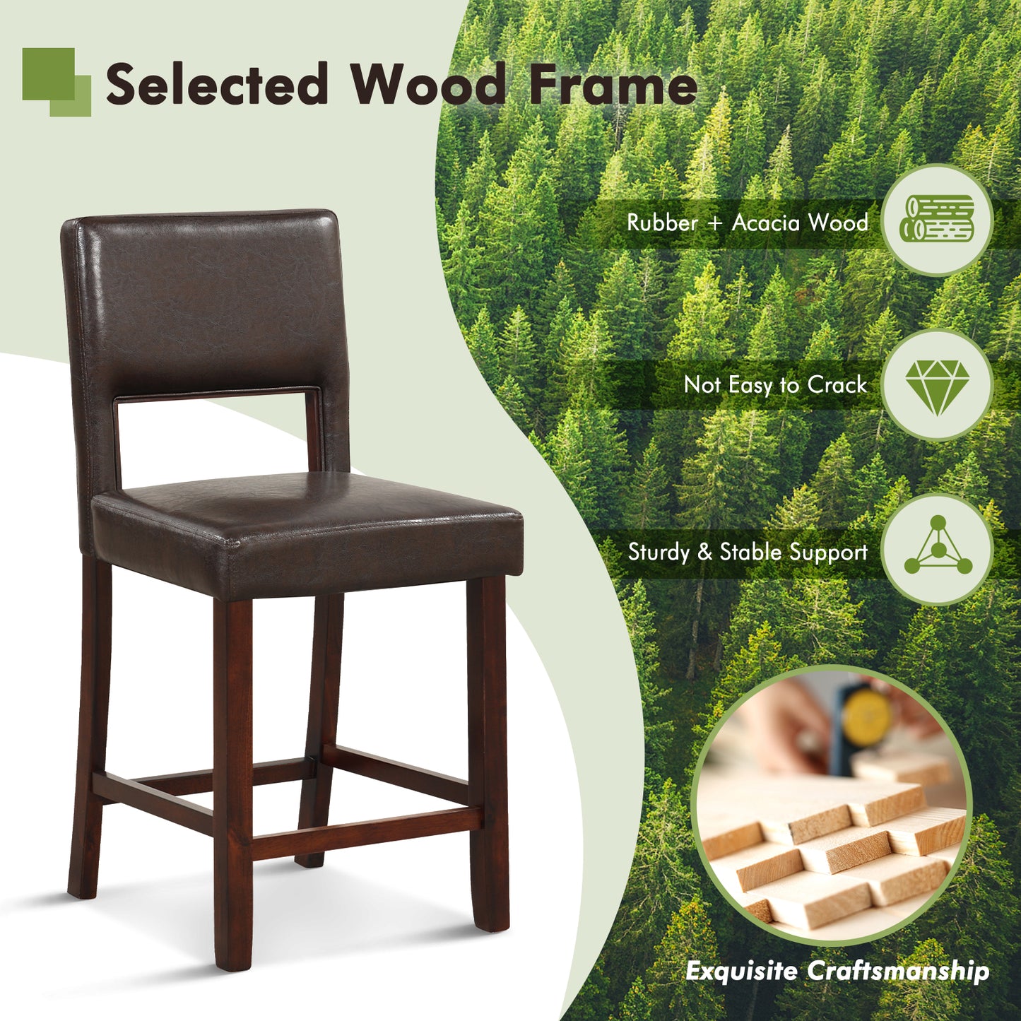 Bar Stools Set of 2 with Hollowed Back and Rubber Wood Legs