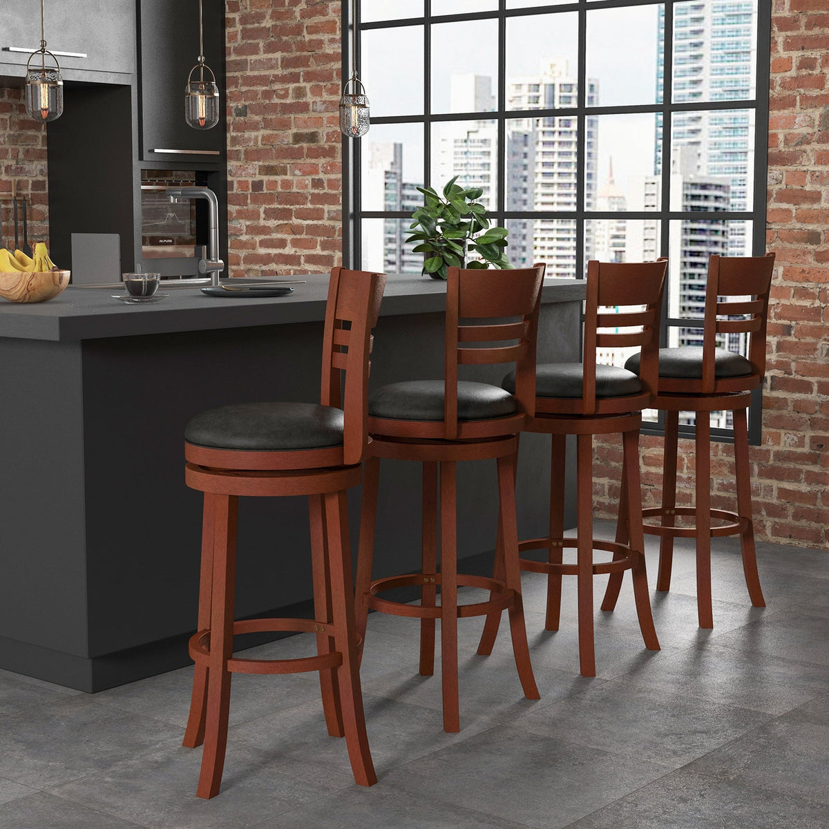Set of 2 360° Bar Stools with PU Upholstered Seats-Brown